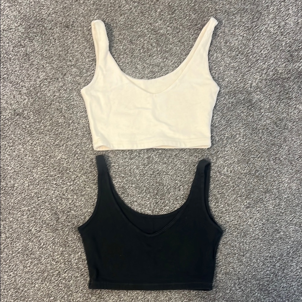 Brandy Melville White/Cream and Black Ribbed Crop Tops